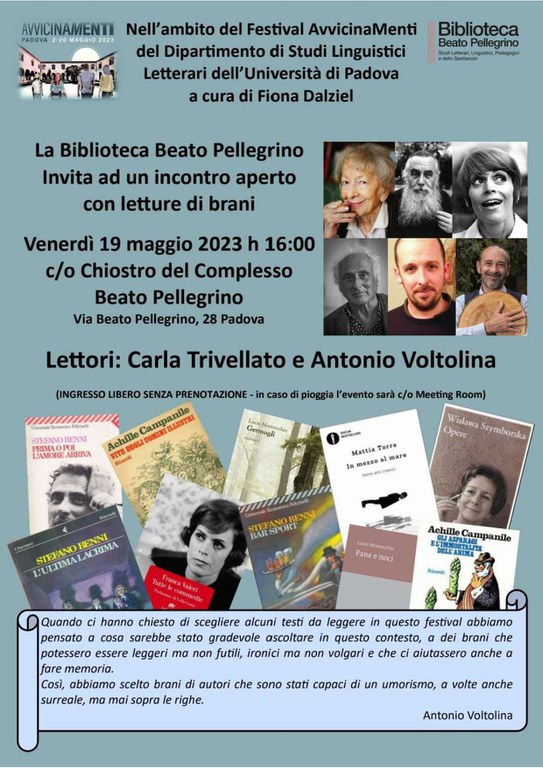 Letture presso la Biblioteca Beato Pellegrino nell'ambito festival Avvicinamenti